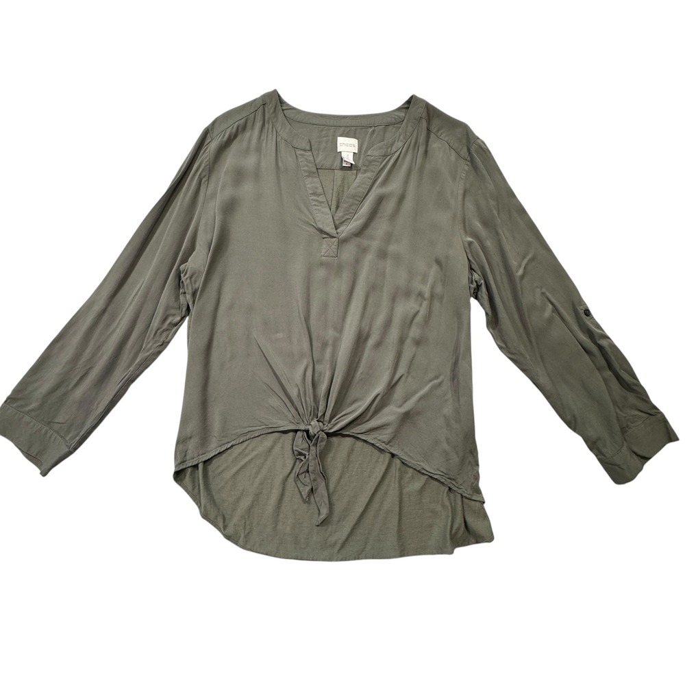 Chico's Blouse Women 3 Olive Green Excellent Front Tie Roll Tab Sleeve V-Neck